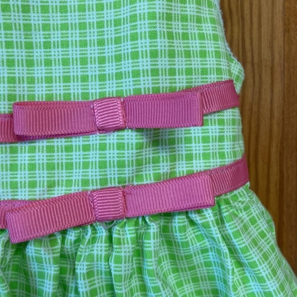 Bonnie Jean Sleeveless Square Neck Green Checkered Cotton Dress Pink Ribbon Trim - Picture 3 of 10
